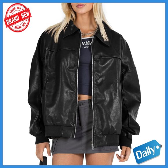 Oversized Faux Leather Bomber Jacket Moto Biker Coat Zip Up Recycled Material